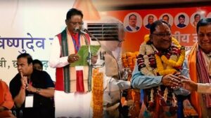 As the chief minister of Chhattisgarh, Vishnu Deo Sai takes an oath.