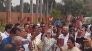 Amid a dispute over the temporary speaker, the India group stages a protest outside Parliament.